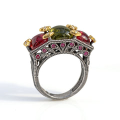 Aged Silver & 18K Gold Tourmaline Three Stone Ring