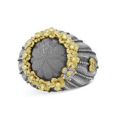 BOUQUET AGED SILVER 18K GOLD CARVED MOONSTONE RING