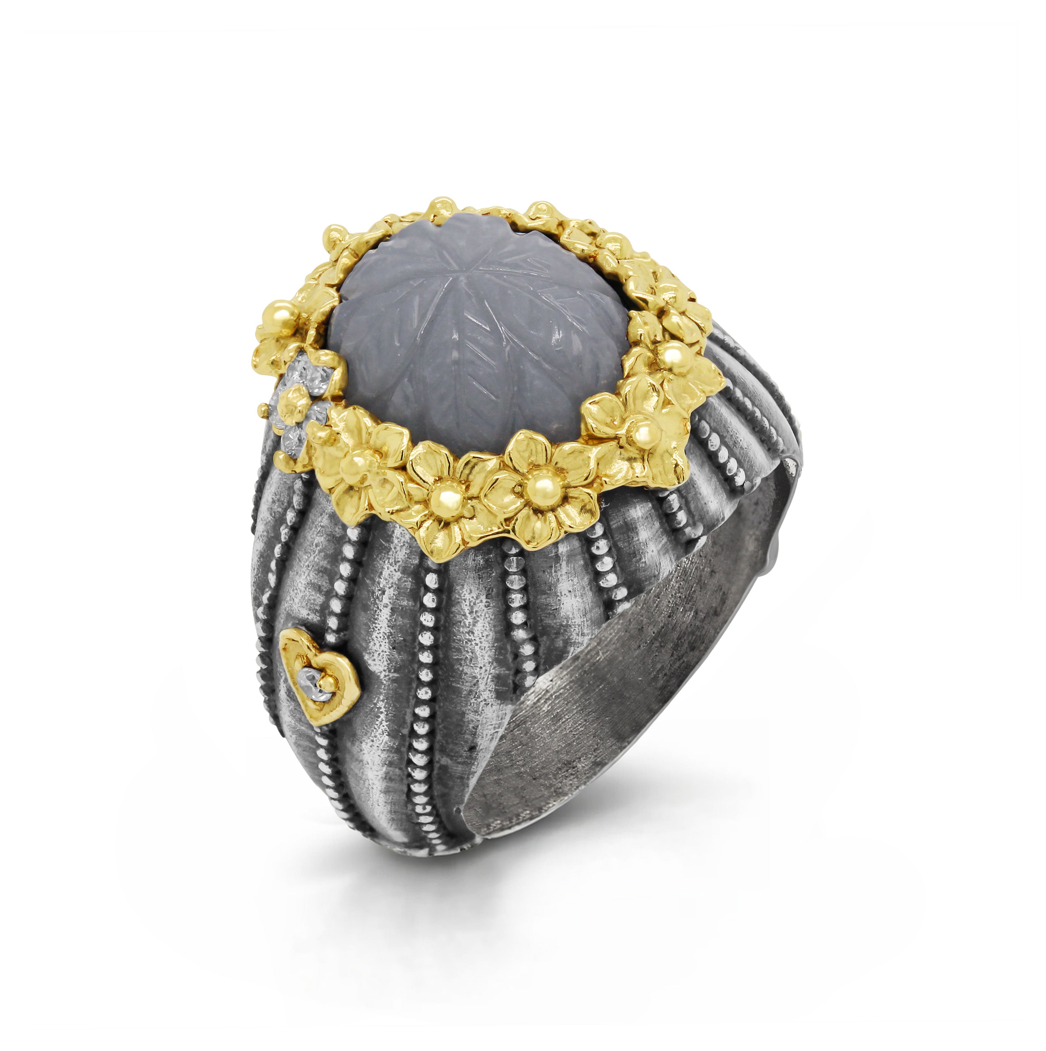 Stambolian Bouquet Aged Silver 18K Gold Carved Grey Moonstone Ring Front View