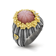 BOUQUET AGED SILVER 18K GOLD PEACH MOONSTONE RING
