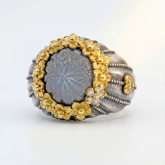 Bouquet Aged Silver & 18K Gold Carved Moonstone Ring