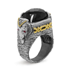 ELEPHANTS AGED SILVER 18K GOLD DIAMOND ONYX RING