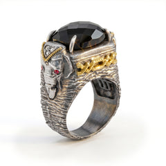 Elephant Aged Silver Gold Diamond Onyx Ring
