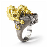 DRAGON 18K GOLD AGED SILVER DIAMONDS RUBY RING