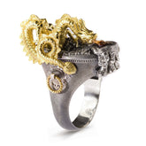 DRAGON 18K GOLD AGED SILVER DIAMONDS RUBY RING