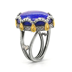 Princess Tiara Lapis Lazuli Aged Silver Gold Ring