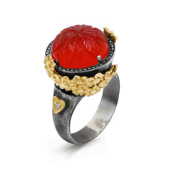ROSE GARDEN FLORAL CARVED CARNELIAN AGED SILVER 18K GOLD RING