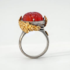 Rose Garden Carved Carnelian Aged Silver Gold Ring