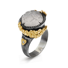 ROSE GARDEN FLORAL CARVED MOONSTONE AGED SILVER 18K GOLD RING