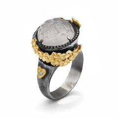 ROSE GARDEN FLORAL CARVED MOONSTONE AGED SILVER 18K GOLD RING