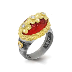 CARNELIAN DIAMONDS AGED SILVER 18K FLOWERS RING