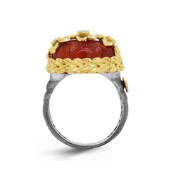 CARNELIAN DIAMONDS AGED SILVER 18K FLOWERS RING