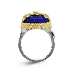 LAPIS LAZULI DIAMONDS AGED SILVER 18K FLOWERS RING