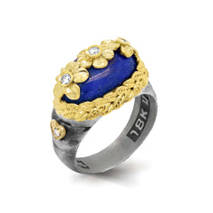LAPIS LAZULI DIAMONDS AGED SILVER 18K FLOWERS RING