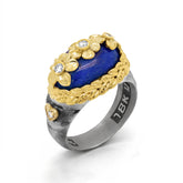 LAPIS LAZULI DIAMONDS AGED SILVER 18K FLOWERS RING