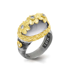MOONSTONE DIAMONDS AGED SILVER 18K FLOWERS RING