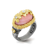 PERUVIAN OPAL DIAMONDS AGED SILVER 18K FLOWERS RING