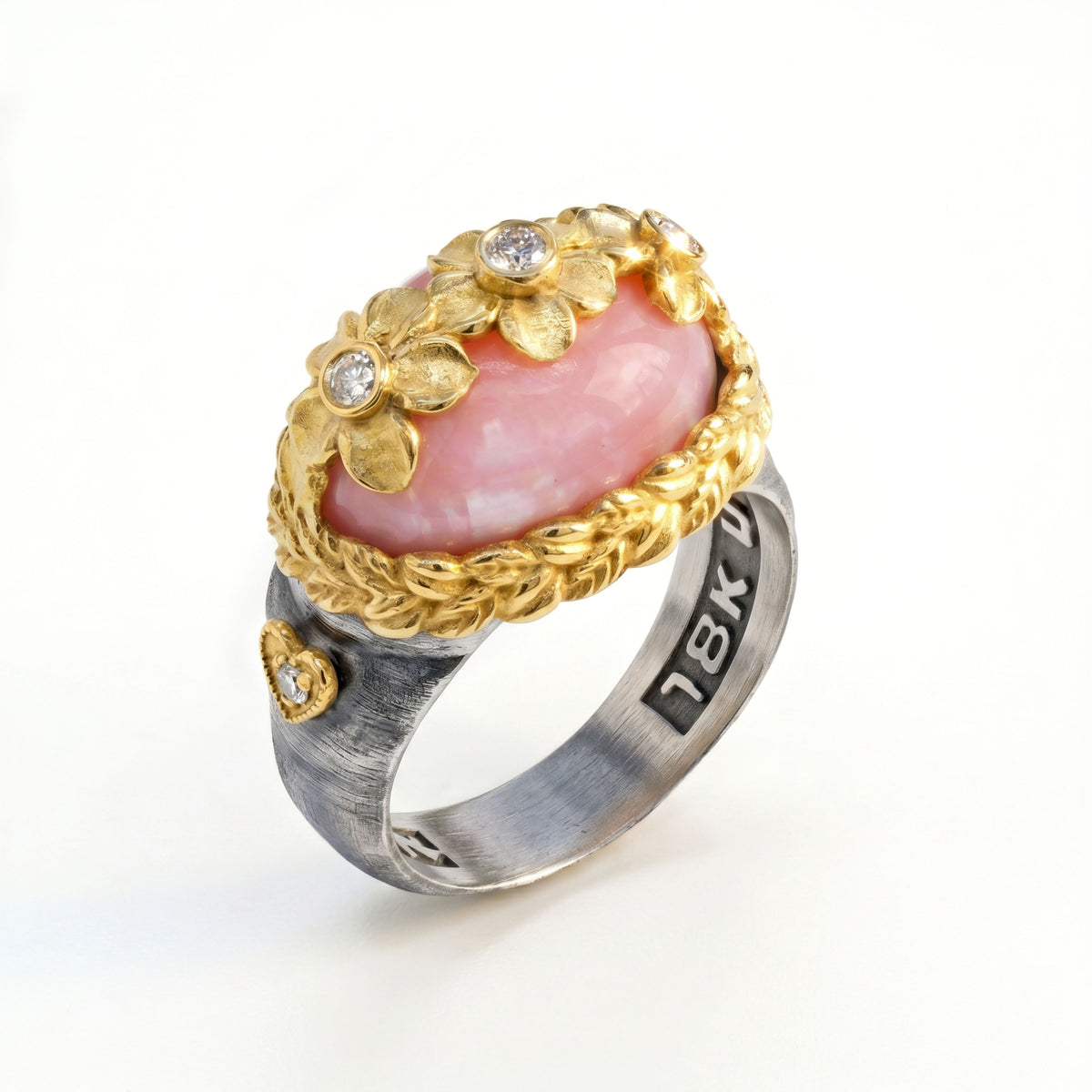 Beginnings Peruvian pink opal and diamond floral ring in aged silver and 18K gold, angled view