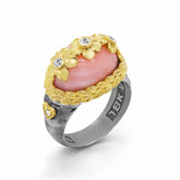 PERUVIAN OPAL DIAMONDS AGED SILVER 18K FLOWERS RING