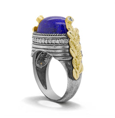 AGED SILVER 18K GOLD DIAMONDS LAPIS LAZULI CENTER RING