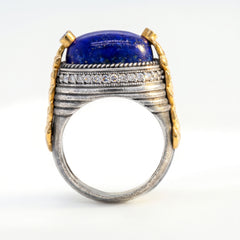 Aged Silver & 18K Gold Lapis Lazuli Diamond Ring