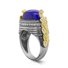 AGED SILVER 18K GOLD DIAMONDS LAPIS LAZULI CENTER RING