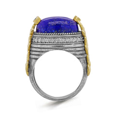 AGED SILVER 18K GOLD DIAMONDS LAPIS LAZULI CENTER RING