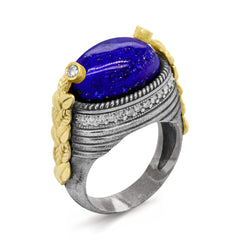 AGED SILVER 18K GOLD DIAMONDS LAPIS LAZULI CENTER RING