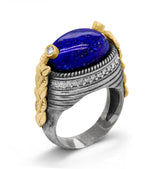 AGED SILVER 18K GOLD DIAMONDS LAPIS LAZULI CENTER RING