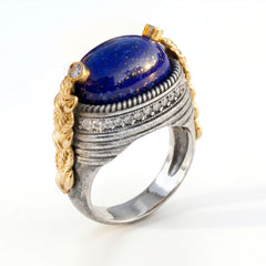 Aged Silver & 18K Gold Lapis Lazuli Diamond Ring