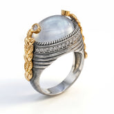 Aged Silver & 18K Gold White Moonstone Diamond Ring