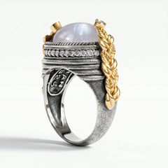 Aged Silver & 18K Gold White Moonstone Diamond Ring