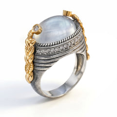 Aged Silver & 18K Gold White Moonstone Diamond Ring