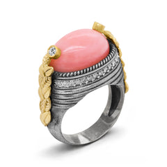 AGED SILVER 18K GOLD DIAMONDS PINK OPAL CENTER RING
