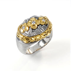 Aged Silver & 18K Gold Diamond Floral Dome Ring