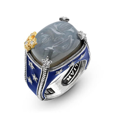 MAN ON THE MOON GREY MOONSTONE BLUE ENAMEL DIAMOND RING