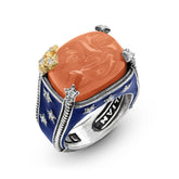 MAN ON THE MOON PEACH MOONSTONE BLUE ENAMEL DIAMOND RING
