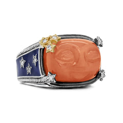 MAN ON THE MOON PEACH MOONSTONE BLUE ENAMEL DIAMOND RING