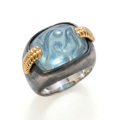 Aged Silver & 18K Gold Frosted Aquamarine Ring