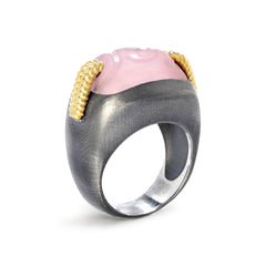 AGED SILVER 18K GOLD FROSTED PINK QUARTZ RING