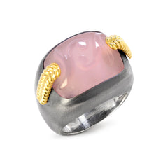 AGED SILVER 18K GOLD FROSTED PINK QUARTZ RING