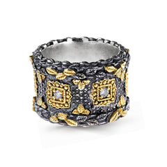 THE OLIVE LEAF AGED SILVER 18K GOLD DIAMOND CIGAR BAND RING