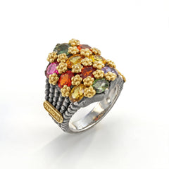 Aged Silver & 18K Gold Multi Color Sapphire Ring