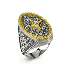 AGED SILVER 18K GOLD DIAMOND OVAL SHAPE RING