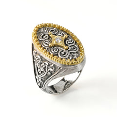 Aged Silver & 18K Gold Diamond Oval Signet Ring