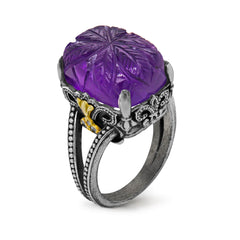 AGED SILVER 18K GOLD DIAMONDS RING WITH FLORAL CARVED AMETHYST