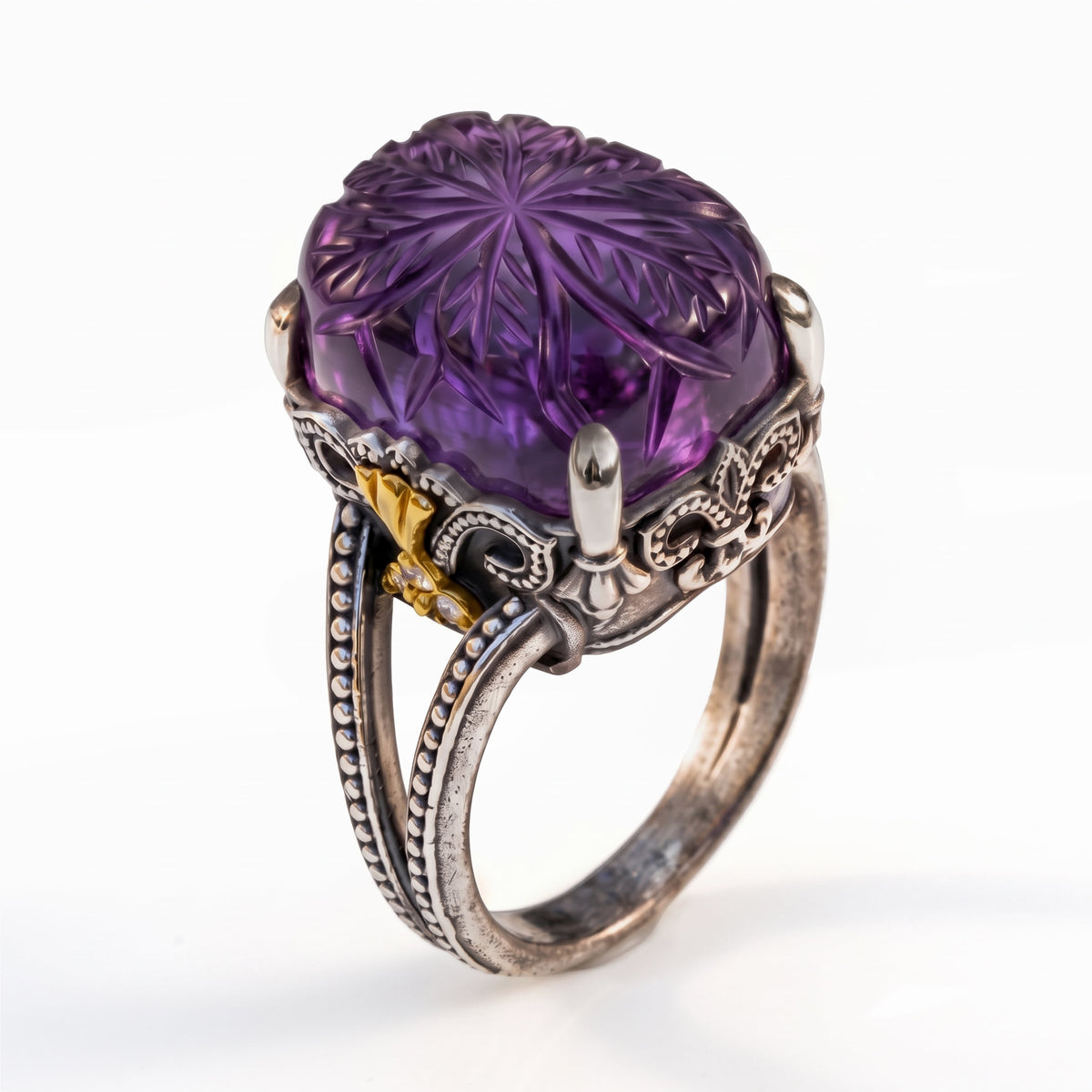 "Beginnings" carved amethyst and diamond ring in aged silver and 18K gold, angled view
