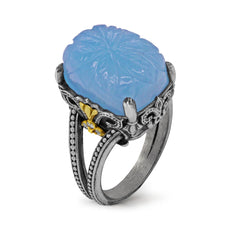 AGED SILVER 18K GOLD DIAMONDS RING WITH FLORAL CARVED AQUAMARINE