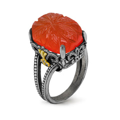AGED SILVER 18K GOLD DIAMONDS RING WITH FLORAL CARVED CARNELIAN
