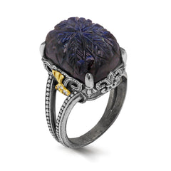 AGED SILVER 18K GOLD DIAMONDS RING WITH FLORAL CARVED LABRADORITE